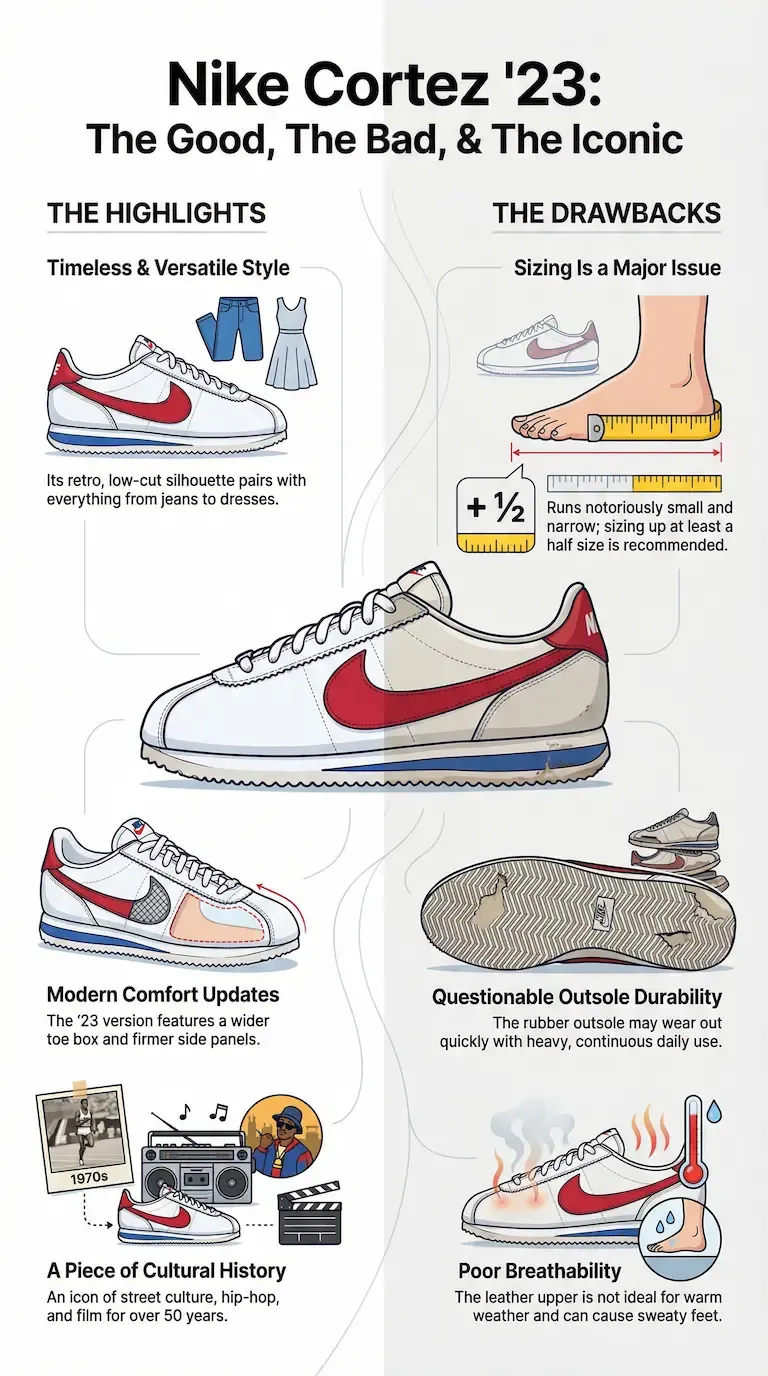 Infographic titled 'Nike Cortez '23: The Good, The Bad, & The Iconic' comparing the highlights and drawbacks of the sneaker.