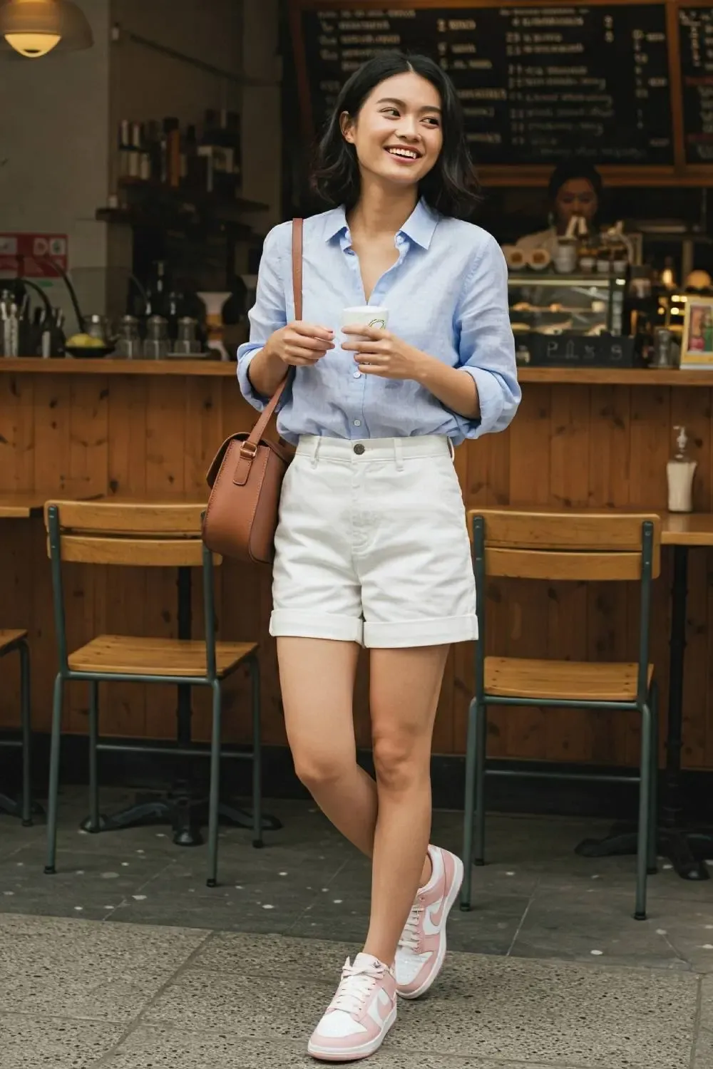 Woman styling pastel Nike Dunk Lows with high-waisted white tailored shorts and a tucked-in blue linen shirt for a smart-casual summer outfit.