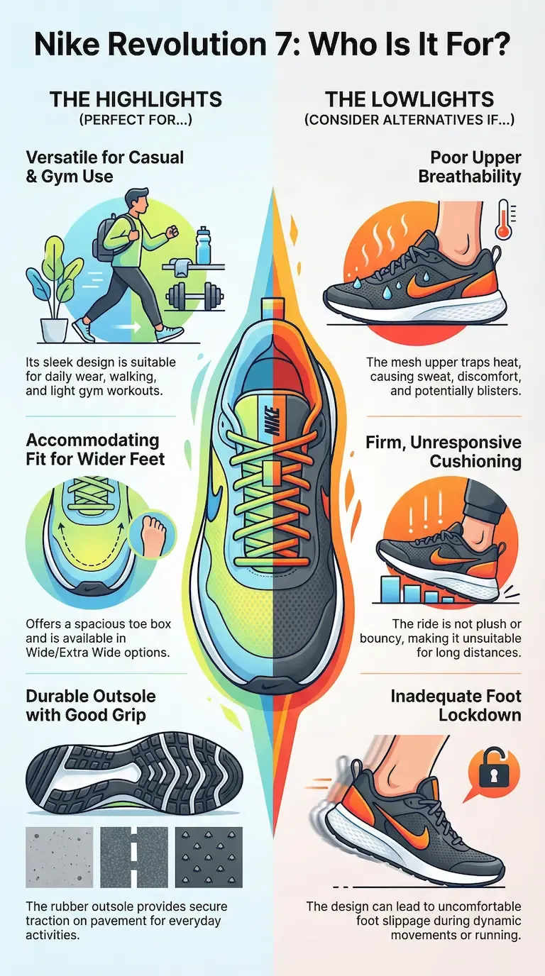 Nike Revolution 7 pros and cons infographic. Highlights include versatility for casual and gym use, an accommodating fit for wide feet, and a durable outsole. Lowlights list poor upper breathability and inadequate foot lockdown for dynamic movements.