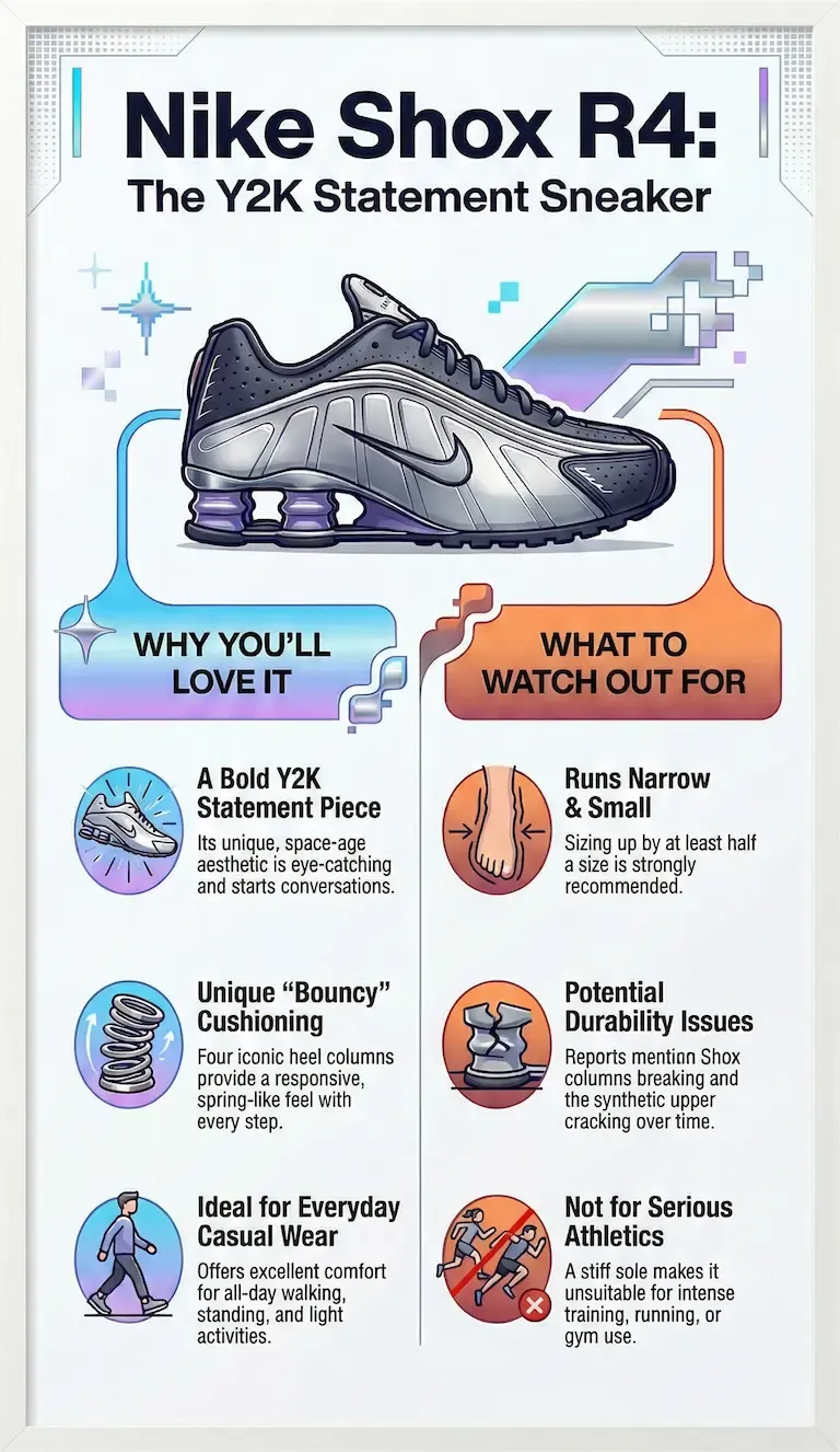 Nike Shox R4 infographic titled The Y2K Statement Sneaker. It details features like the bold space-age aesthetic and unique bouncy heel columns.