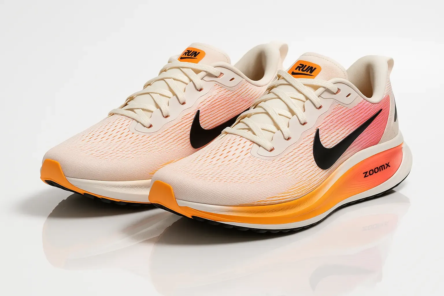 Nike Vomero 18 in cream/beige with coral gradient design, black swoosh, and orange ZoomX midsole featuring RUN branding.