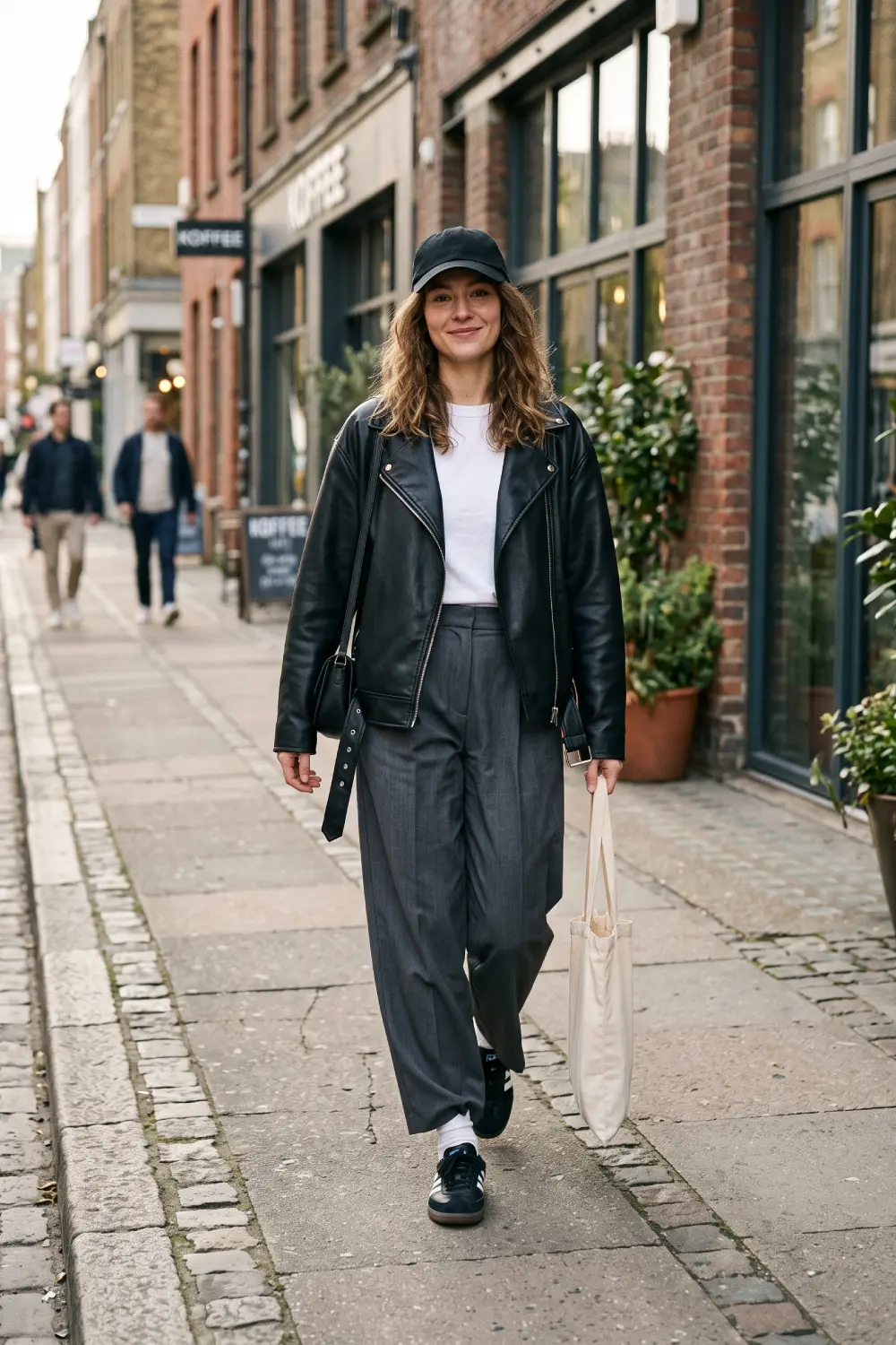 A women's street style outfit consisting of a black leather jacket, wide grey trousers, and Adidas Samba sneakers.
