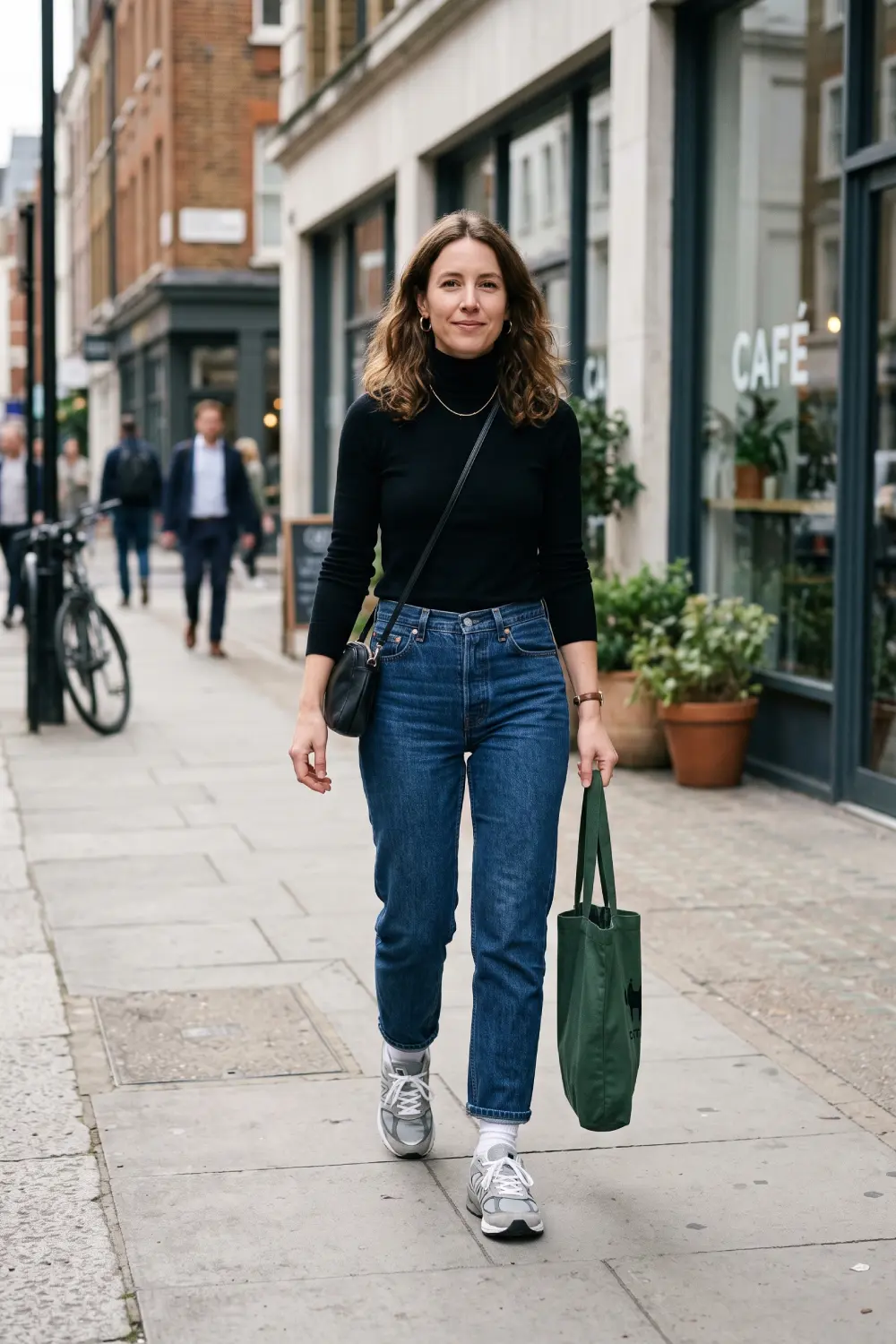 A women's normcore outfit suggestion: a black turtleneck sweater, blue jeans, and grey New Balance 990v6 sneakers.