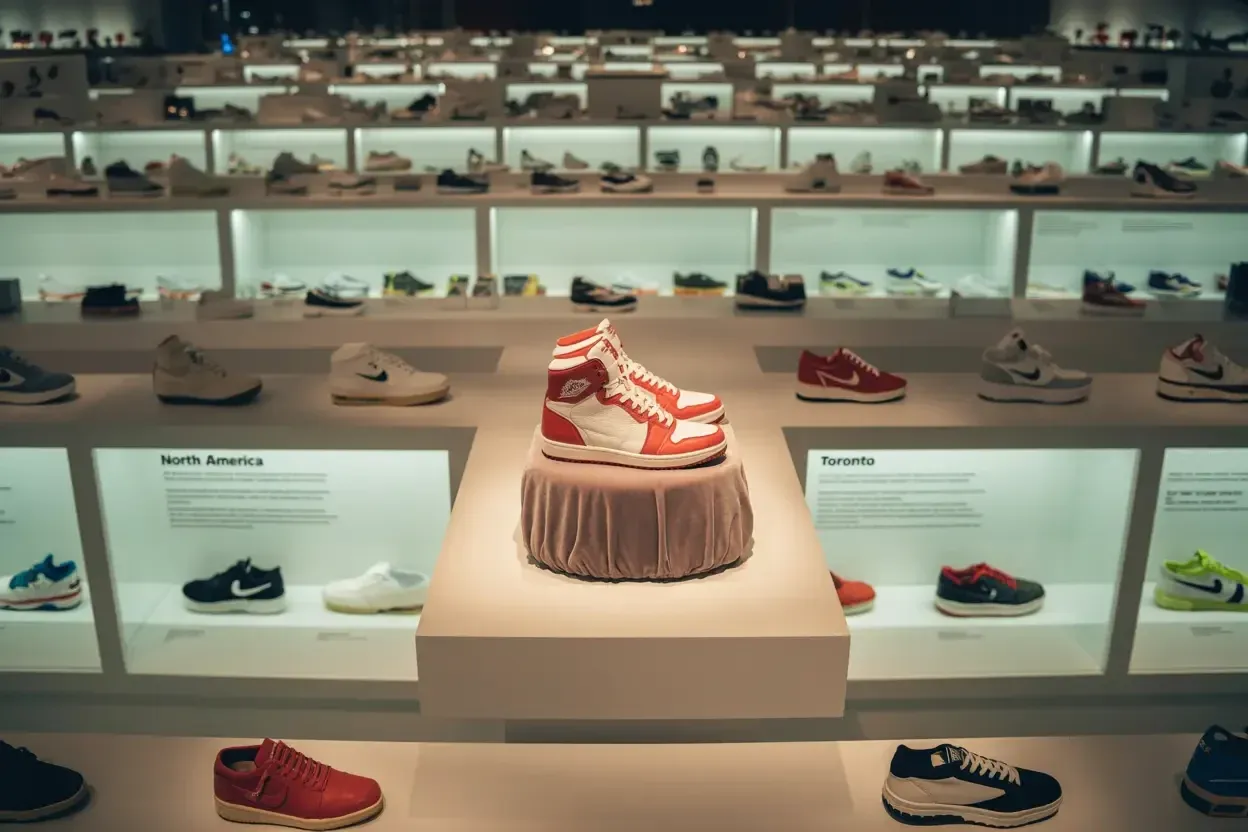 Wide view of a crowded museum exhibition hall filled with display cases of various sneakers.