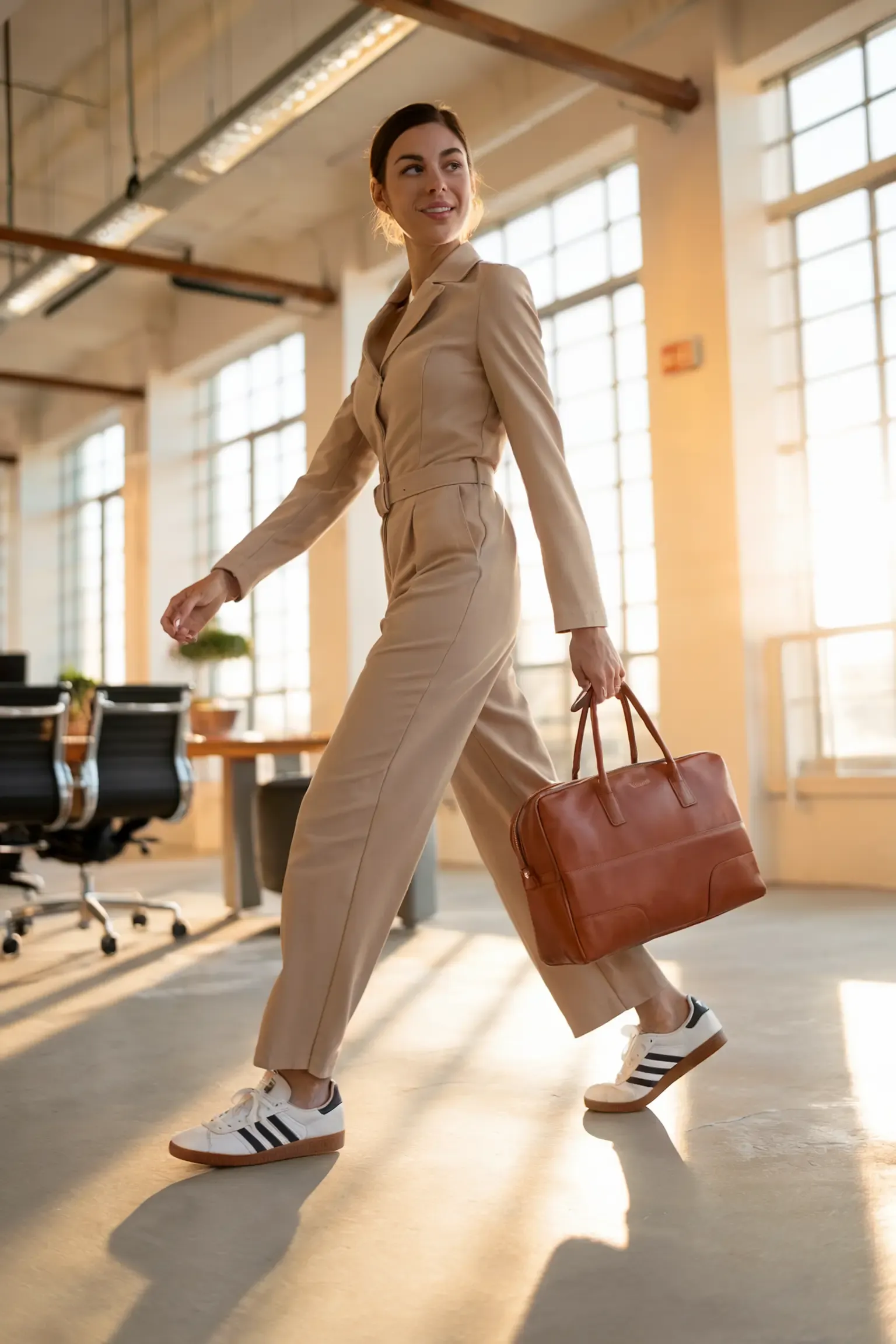Professional outfit featuring beige jumpsuit, brown leather briefcase and white Adidas Samba sneakers, person walking through sunlit office space