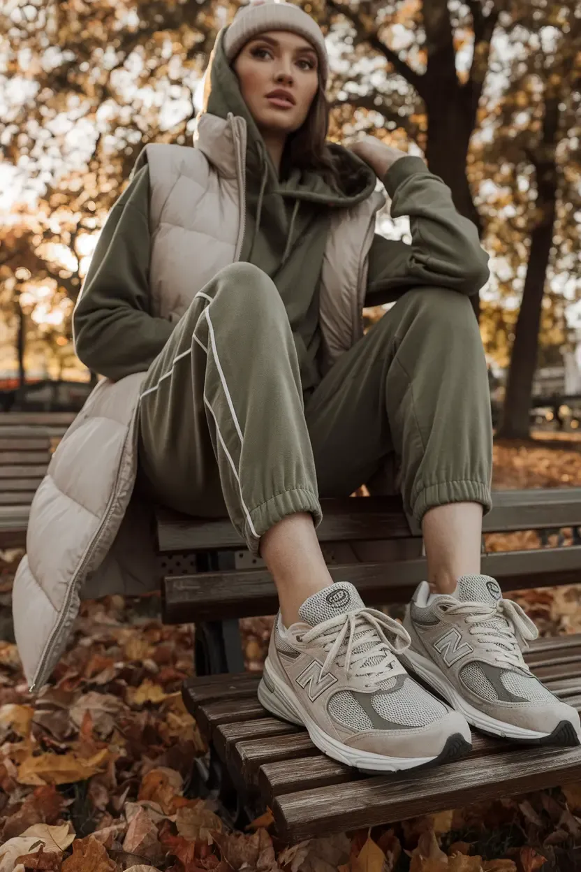 Fall layered look with olive hoodie, beige puffer vest, matching joggers and gray New Balance sneakers