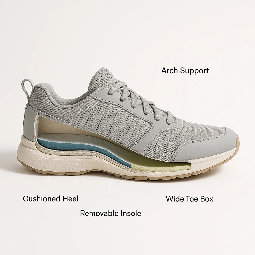 Gray athletic shoe with labeled features including Arch Support, Cushioned Heel, Removable Insole and Wide Toe Box.