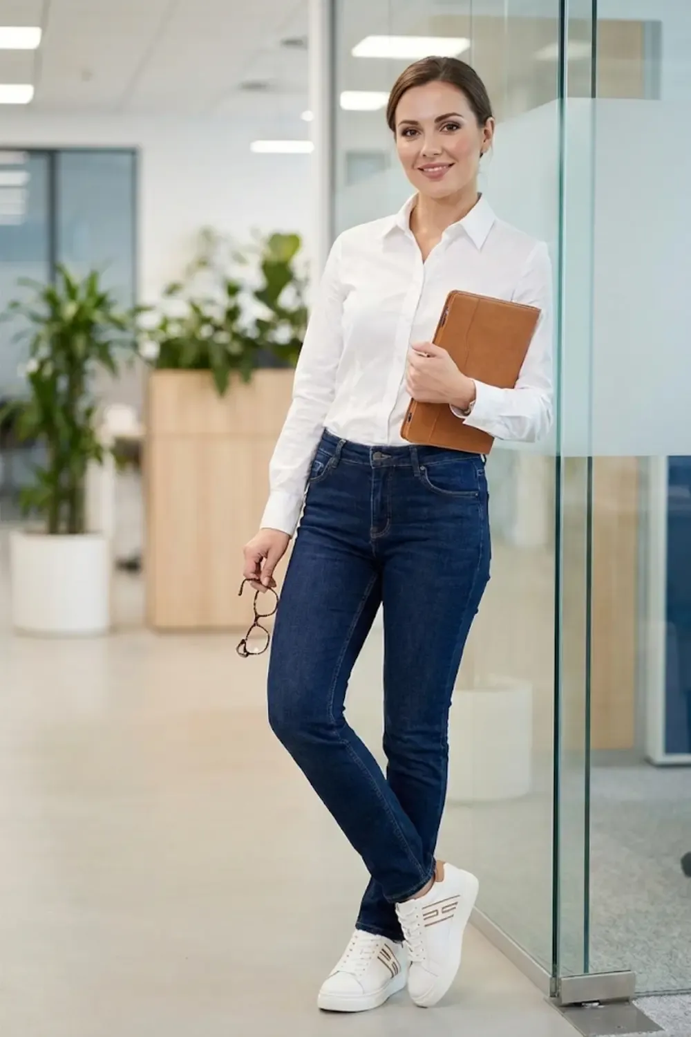 A professional woman in a 'Smart Casual' office environment. With Chamaripa Elevator Sneaker