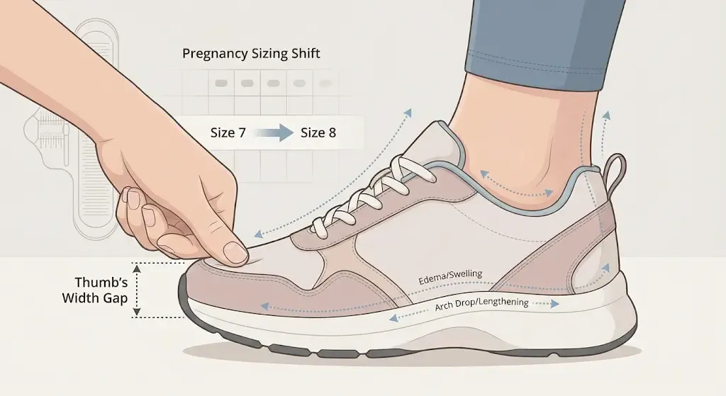 Diagram showing how to check pregnancy shoe size using the thumb width rule on the toe box. The illustration highlights foot expansion due to relaxin and swelling, indicating the need to potentially size up or choose wide-width shoes