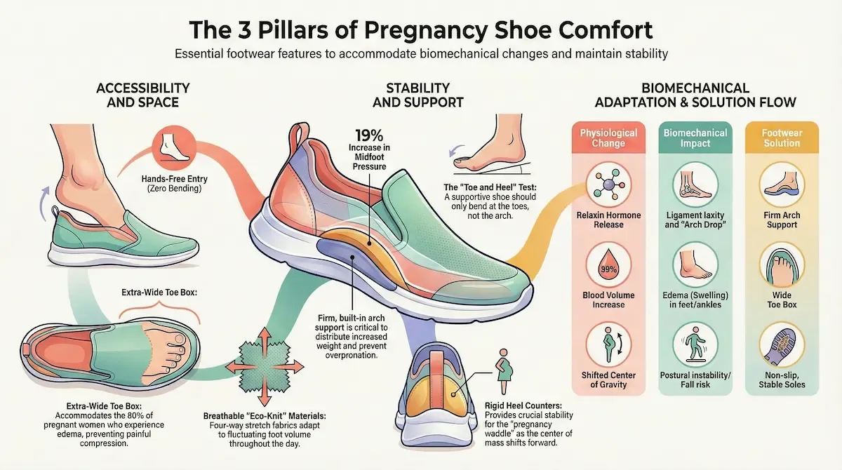 Pregnancy shoe selection guide titled "The 3 Pillars of Pregnancy Shoe Comfort"