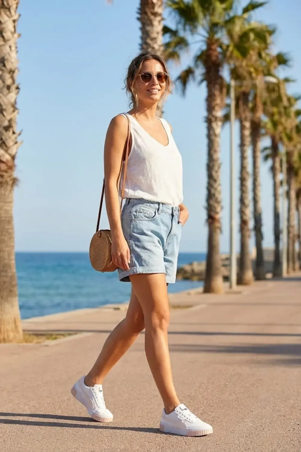 Effortlessly stylish woman in warm weather casual wear with Puma Cali sneakers