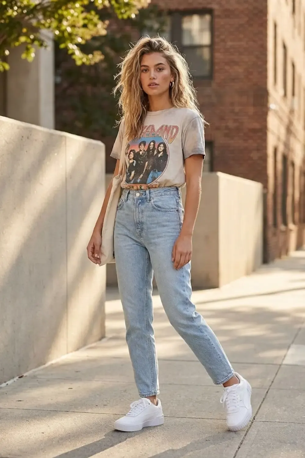 Young woman with effortless vintage street style with Puma Cali sneakers