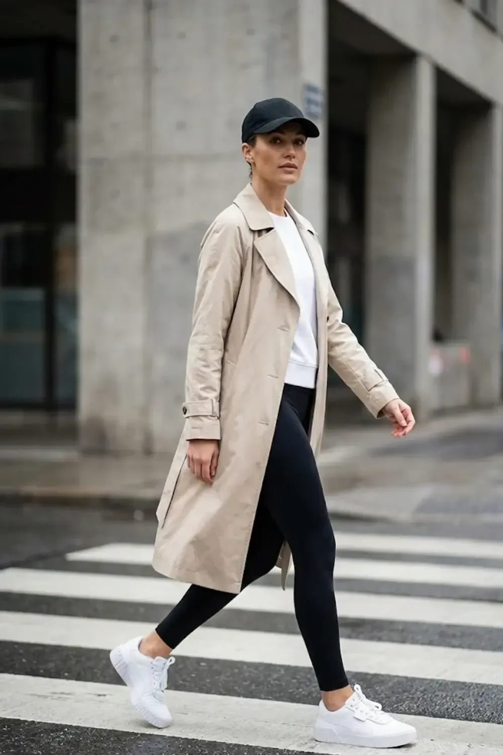 Woman in outfit with black leggings + white crew socks (pulled up) + trench coat + baseball cap formula + Puma Cali sneakers.