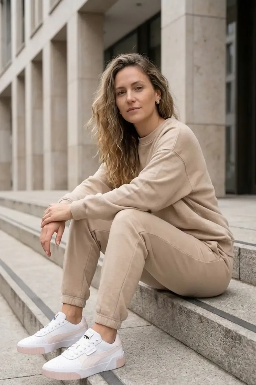 Relaxed woman in coordinated loungewear with Puma Cali sneakers