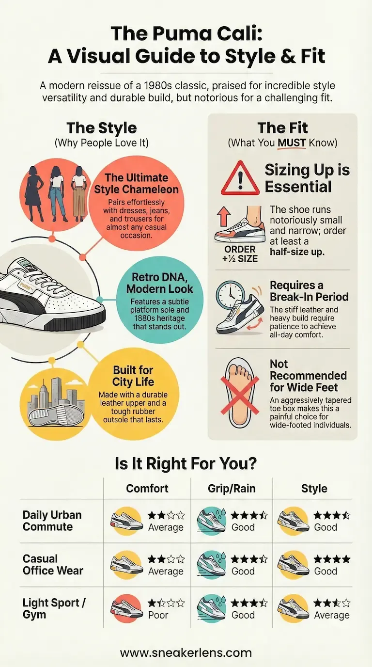 Visual guide to the Puma Cali sneaker, emphasizing the need to order a half-size up due to its narrow fit and highlighting its versatile retro style for city life.