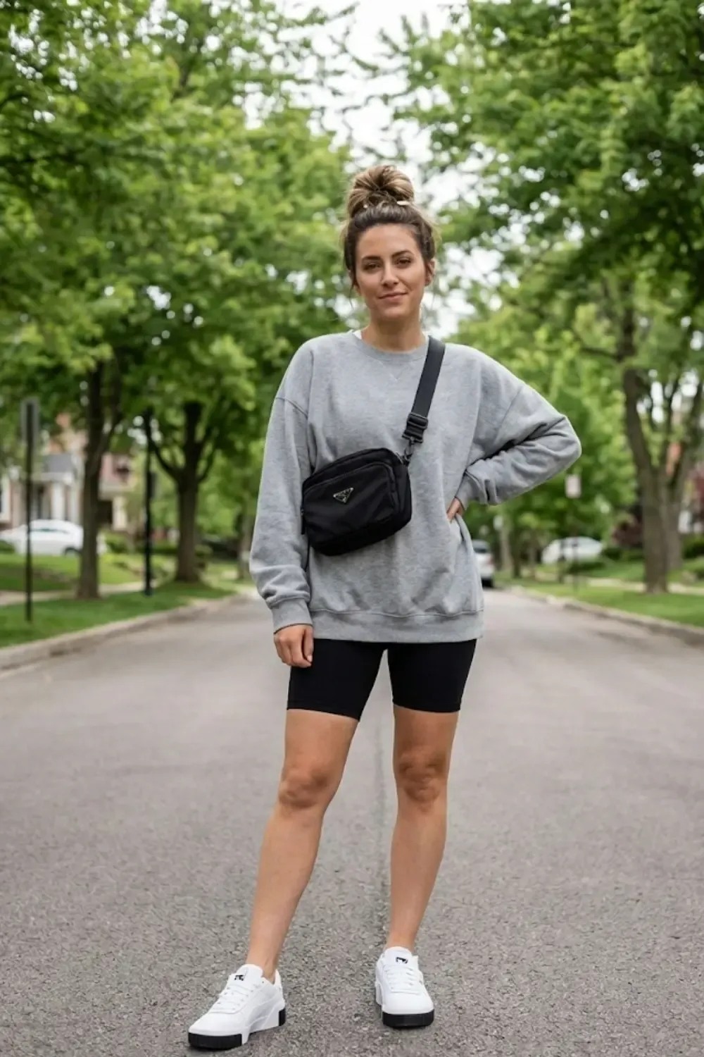 Sporty casual woman with biker shorts and Puma Cali sneakers