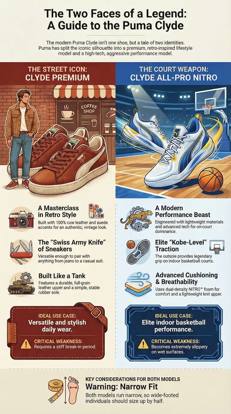 Infographic comparing the Puma Clyde Premium lifestyle sneaker vs. the Puma Clyde All-Pro Nitro basketball shoe. Visual guide detailing differences in materials, leather quality, NITRO foam cushioning, traction, and fit warnings for narrow feet.