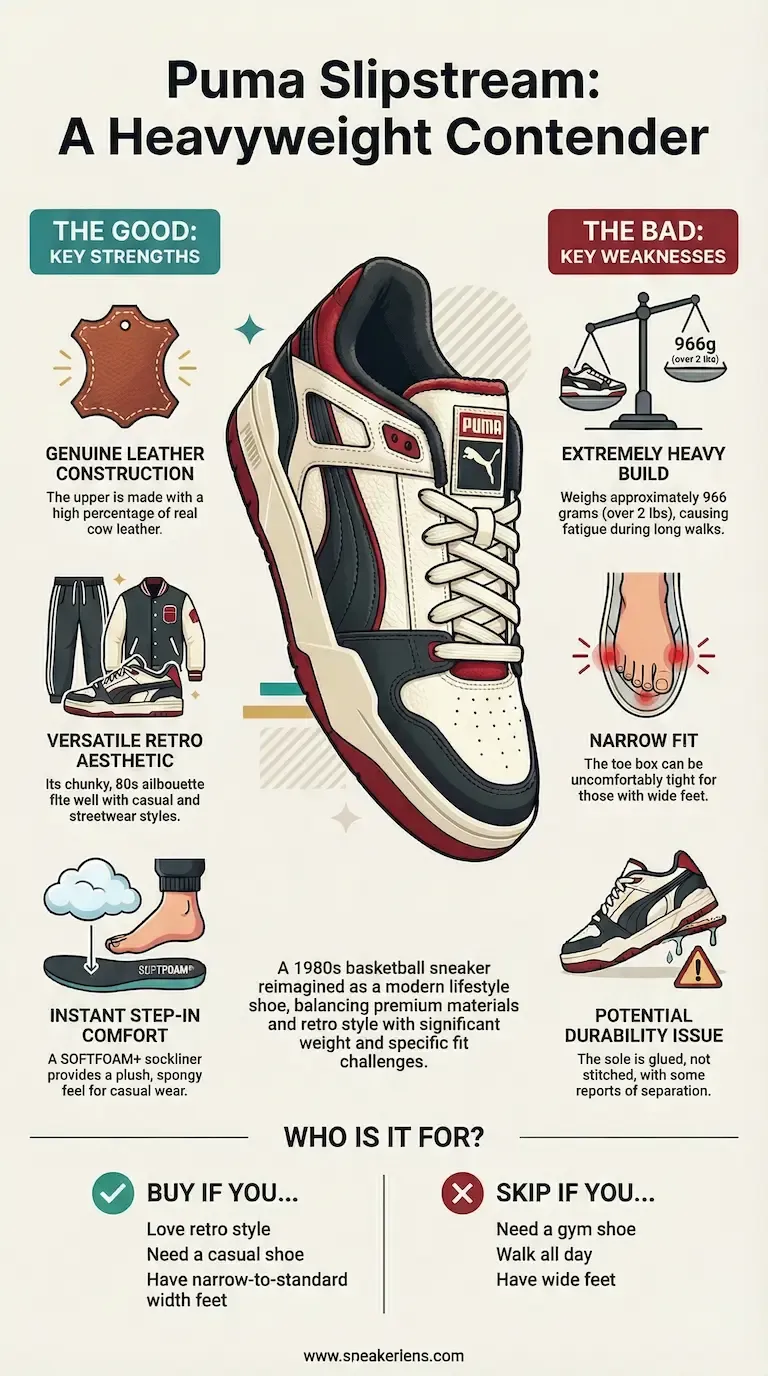 Puma Slipstream sneaker review infographic showing pros like genuine leather and retro style, and cons like heavy weight and narrow fit.