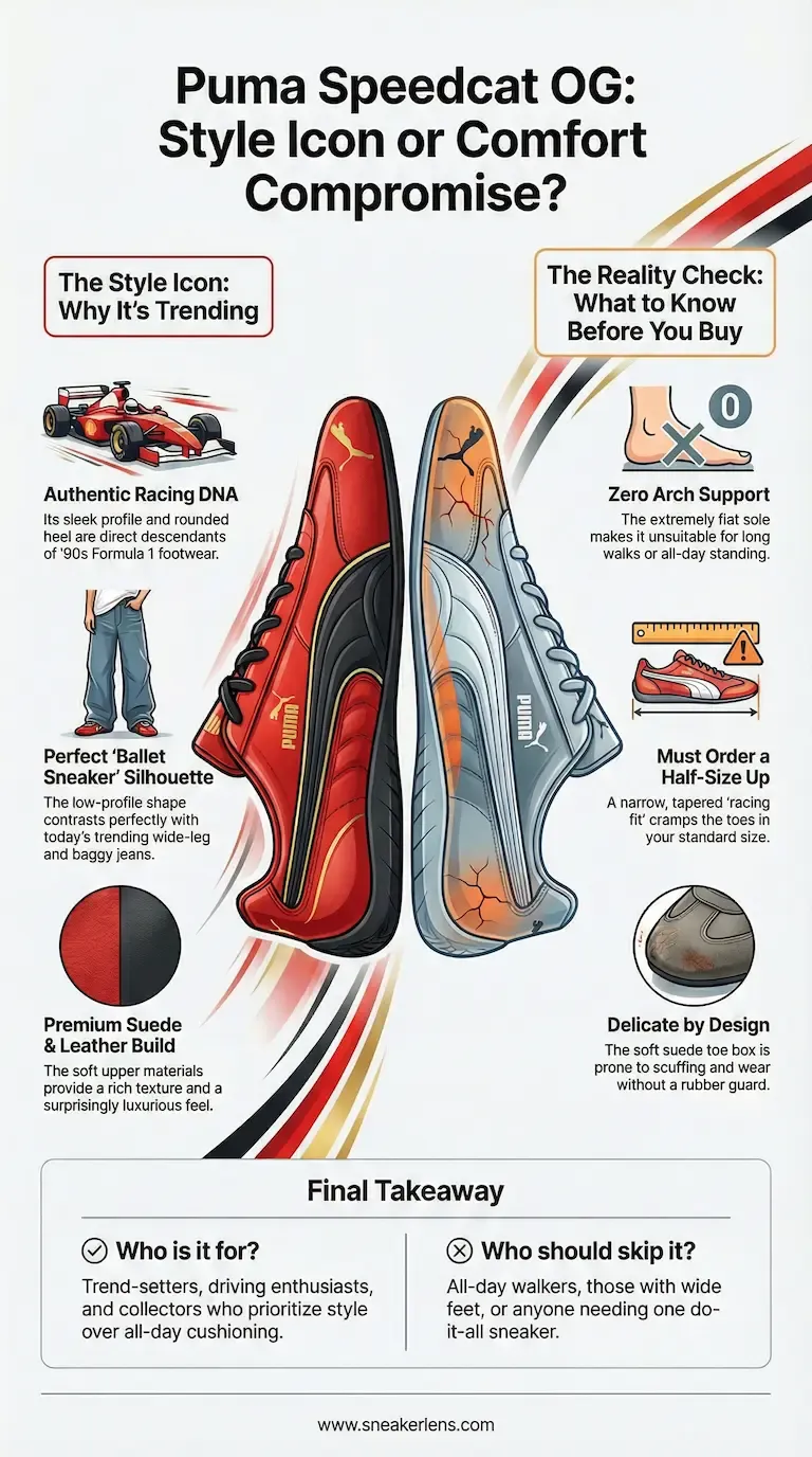 Puma Speedcat OG sneaker review highlighting its style icon status versus comfort compromises. Features racing DNA design but lacks arch support and requires half-size up sizing.