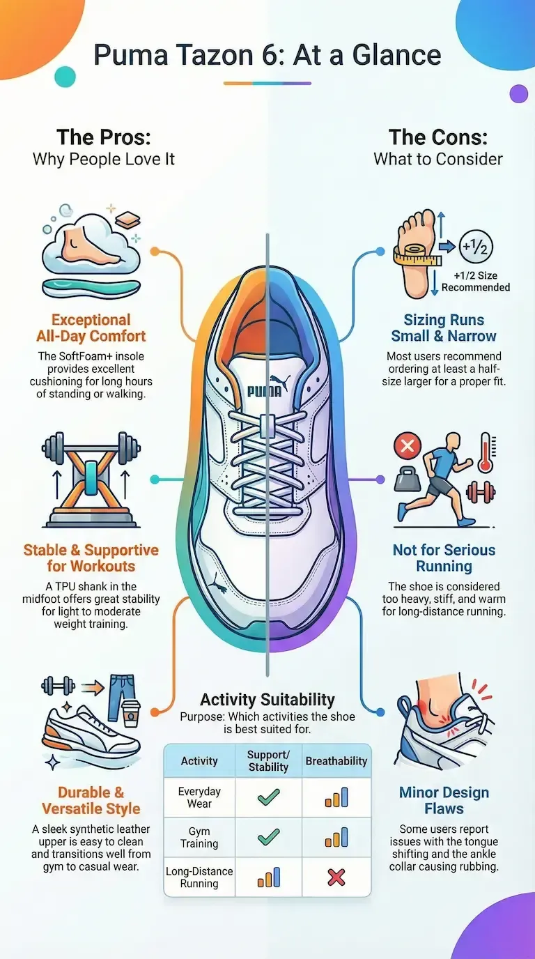 Puma Tazon 6 infographic review: Pros/cons, comfort for all-day & gym use. Durable but narrow fit. Limited for running.