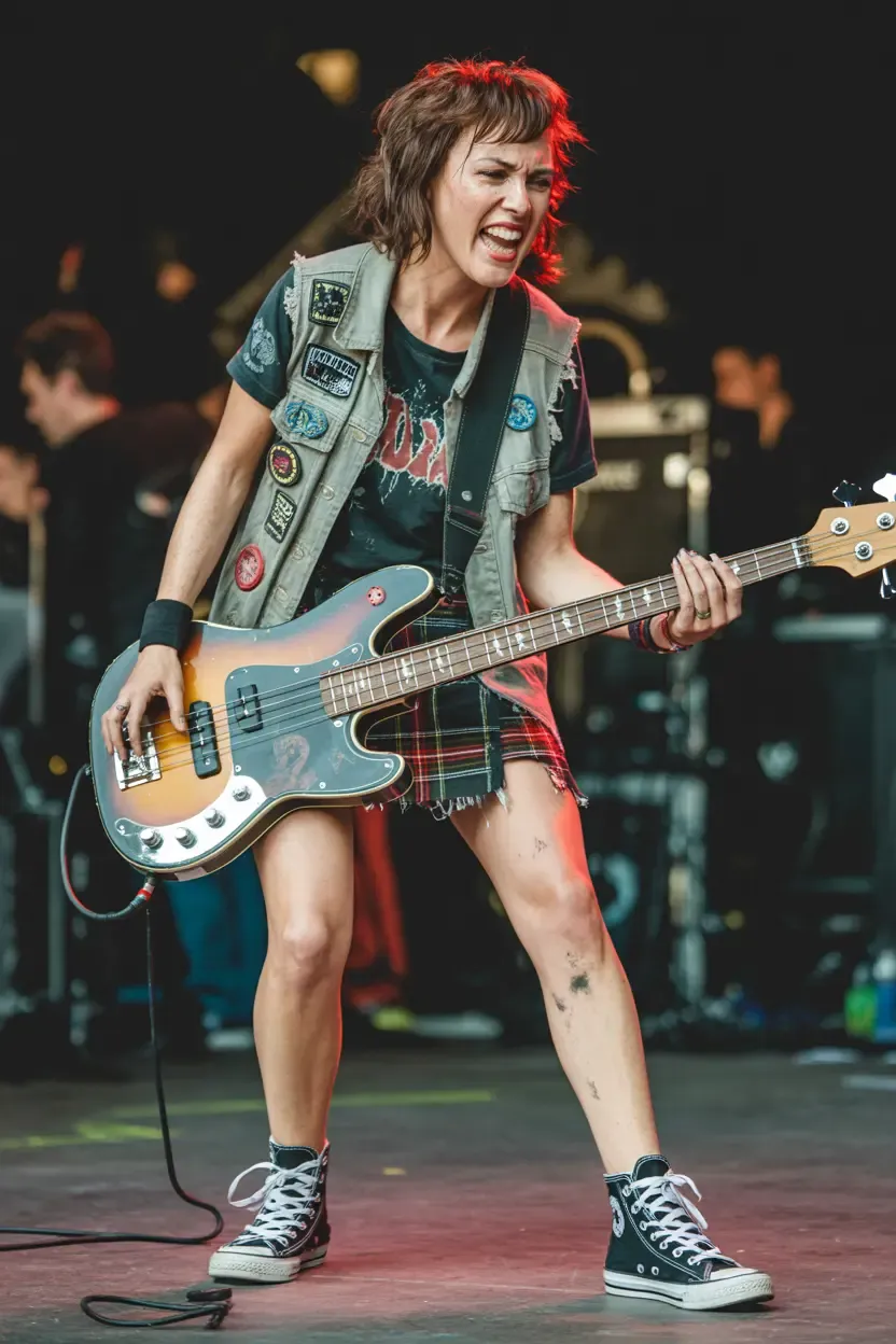 Full shot of a female punk musician on stage, wearing a patched vest, skirt, and heavily worn black Converse Chuck Taylor sneakers while playing bass.
