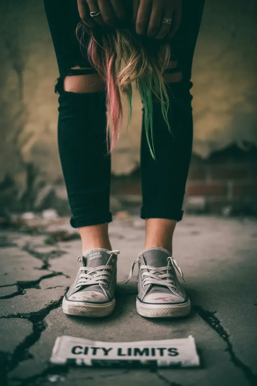 Close-up of a young woman's feet in heavily scuffed, worn canvas sneakers and ripped jeans, set against a blurred urban background.