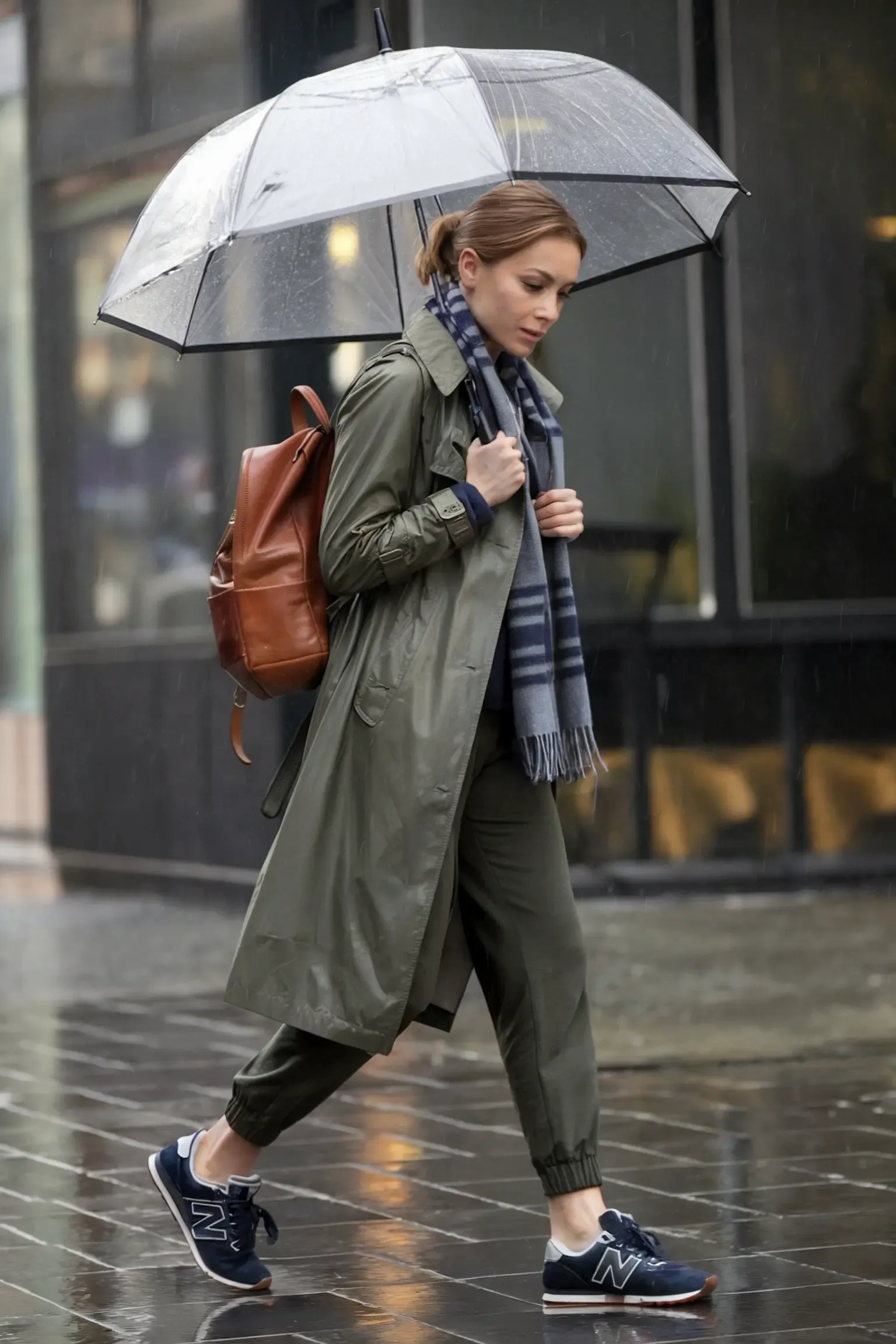 Woman in olive green trench coat and matching joggers walking in the rain, wearing navy New Balance sneakers and carrying a brown leather backpack with a clear umbrella overhead, showcasing weather-resistant athleisure style