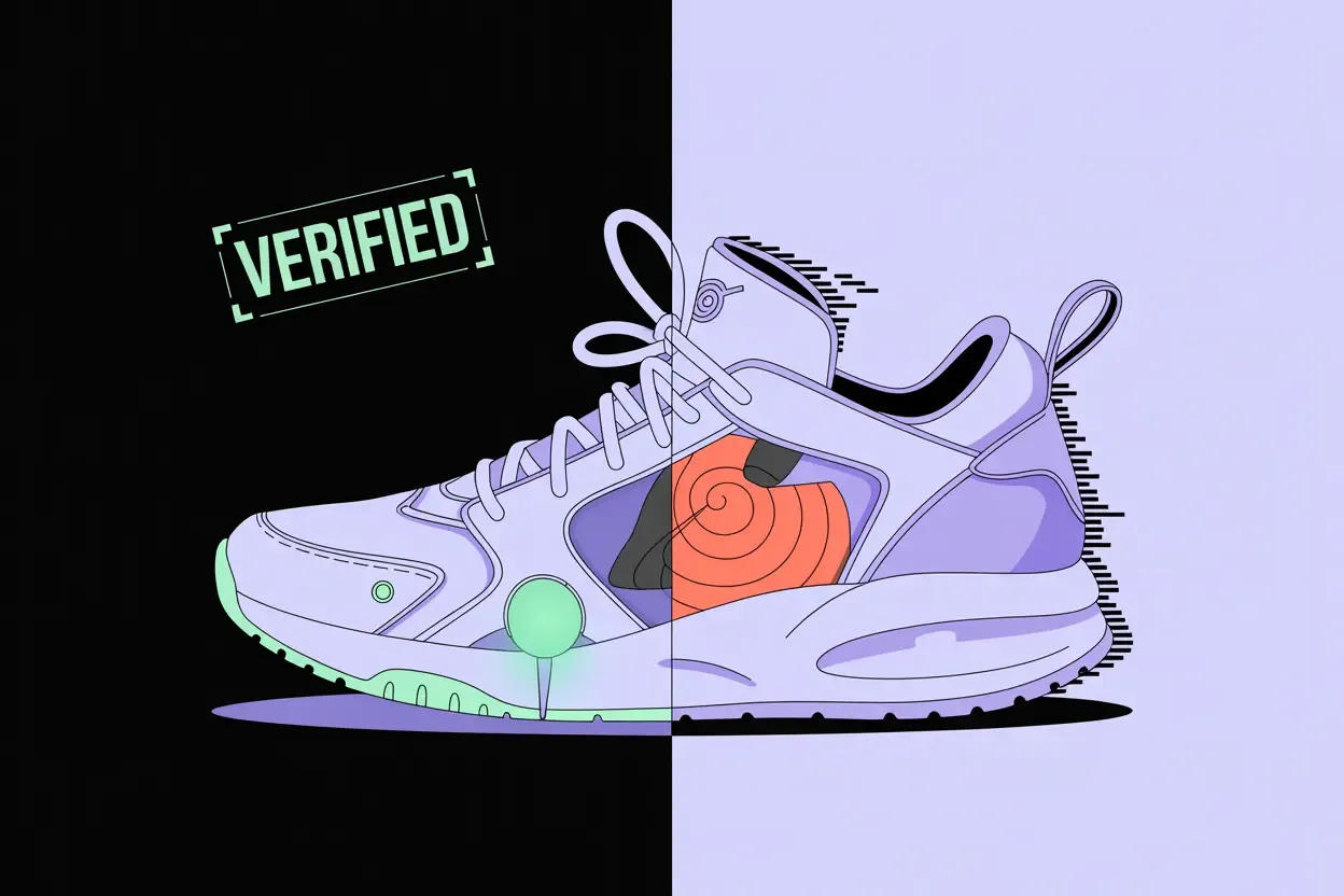 Concept art showing a clear distinction between an authentic, verified anime-themed sneaker and a counterfeit version, highlighting the importance of authenticity.