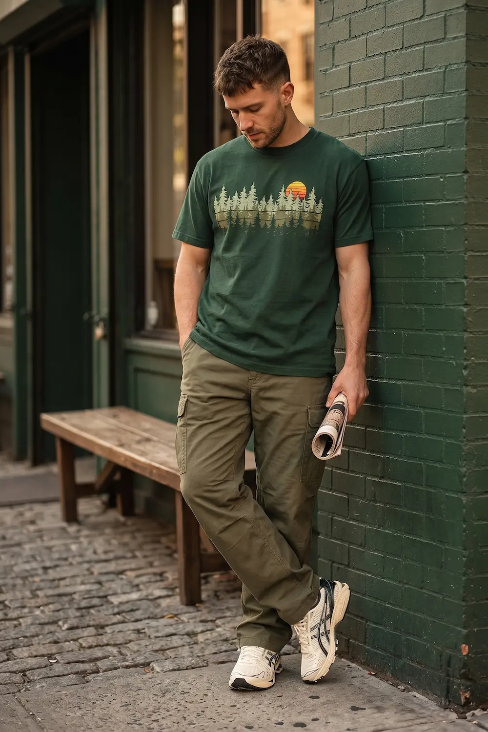 A trendy male model embodying the Aime Leon Dore utilitarian aesthetic.