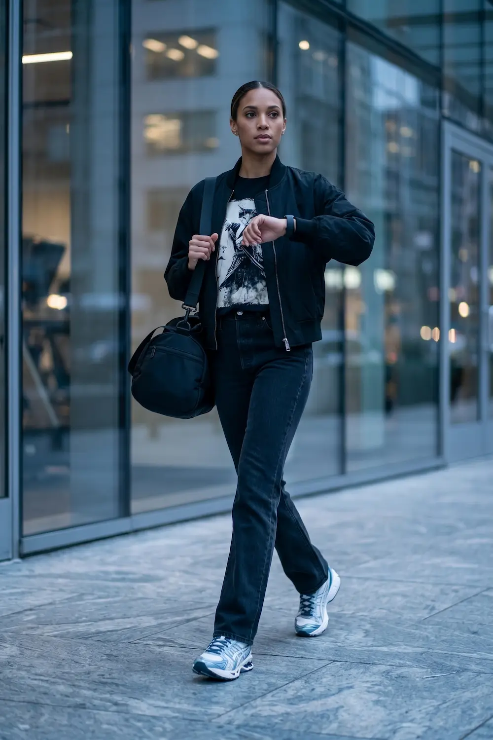 Elevated off-duty athlete style with a bomber jacket, graphic tee, and sporty technical runners.