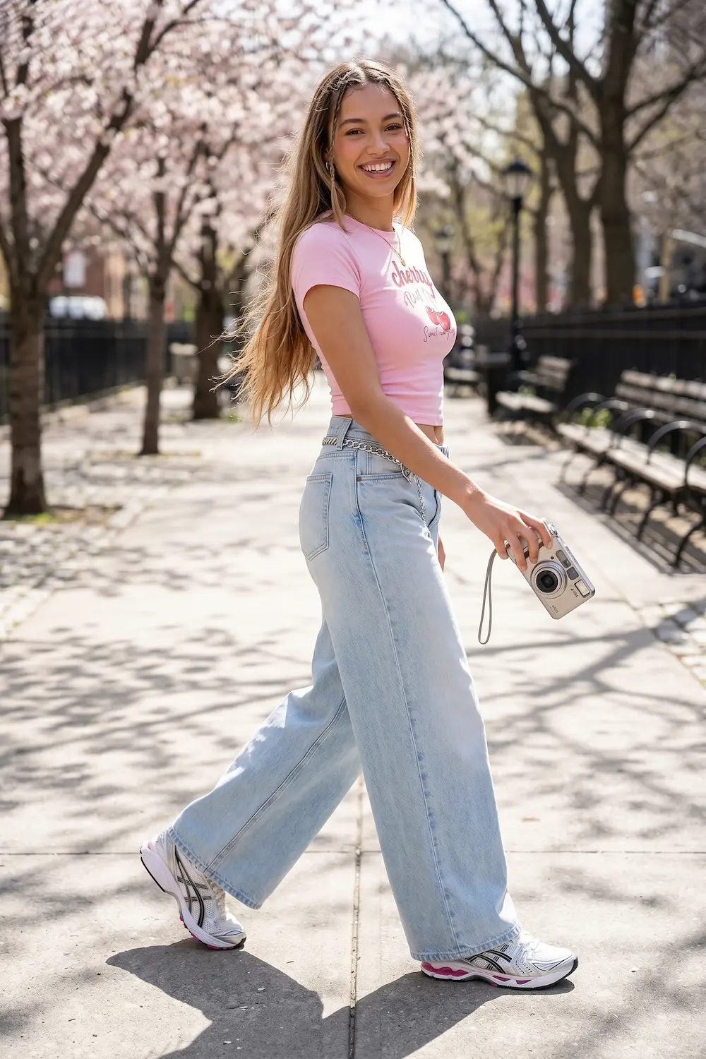 Girlcore aesthetic outfit pairing a fitted baby tee, wide-leg jeans, and metallic runners.