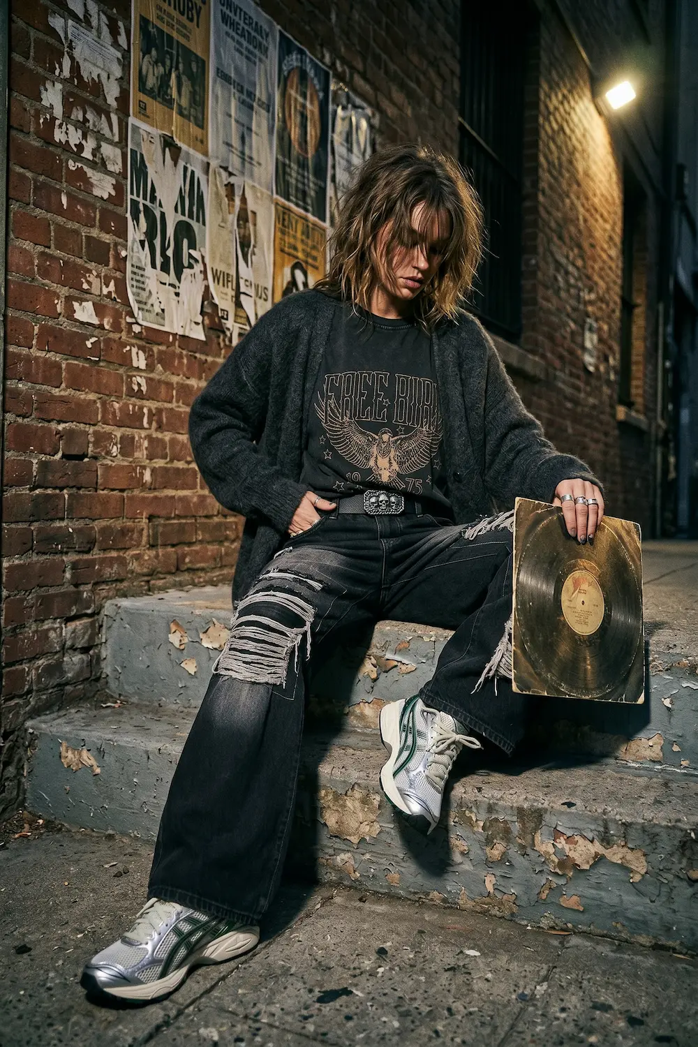 90s grunge revival look combining a faded vintage band tee with minimalist modern runners.
