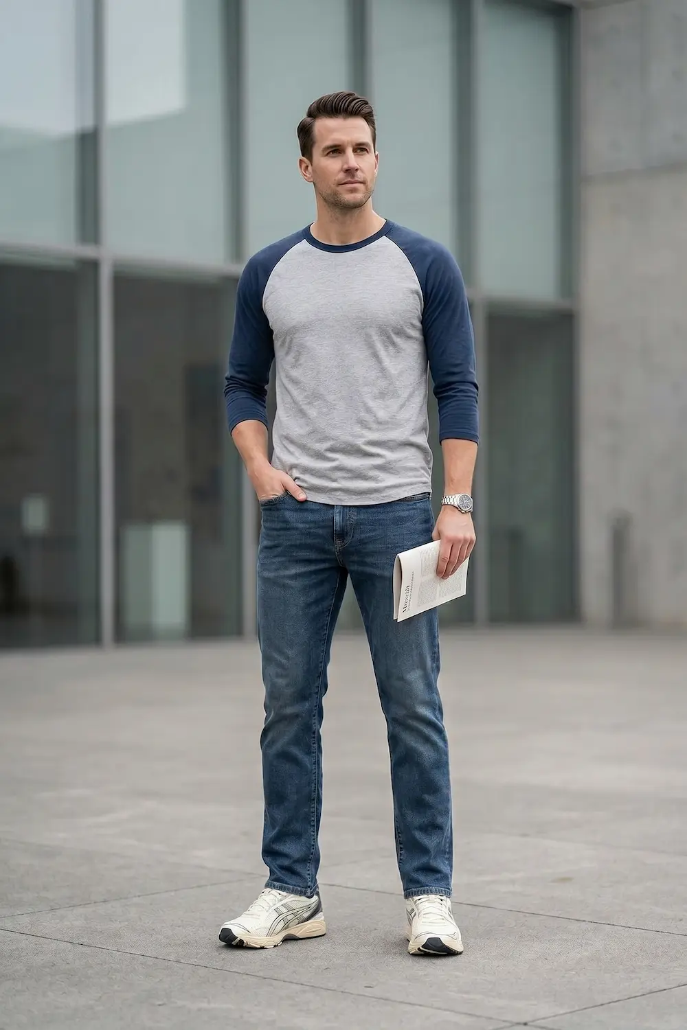 Elevated normcore style featuring a heathered retro tee, premium denim, and neutral sneakers.
