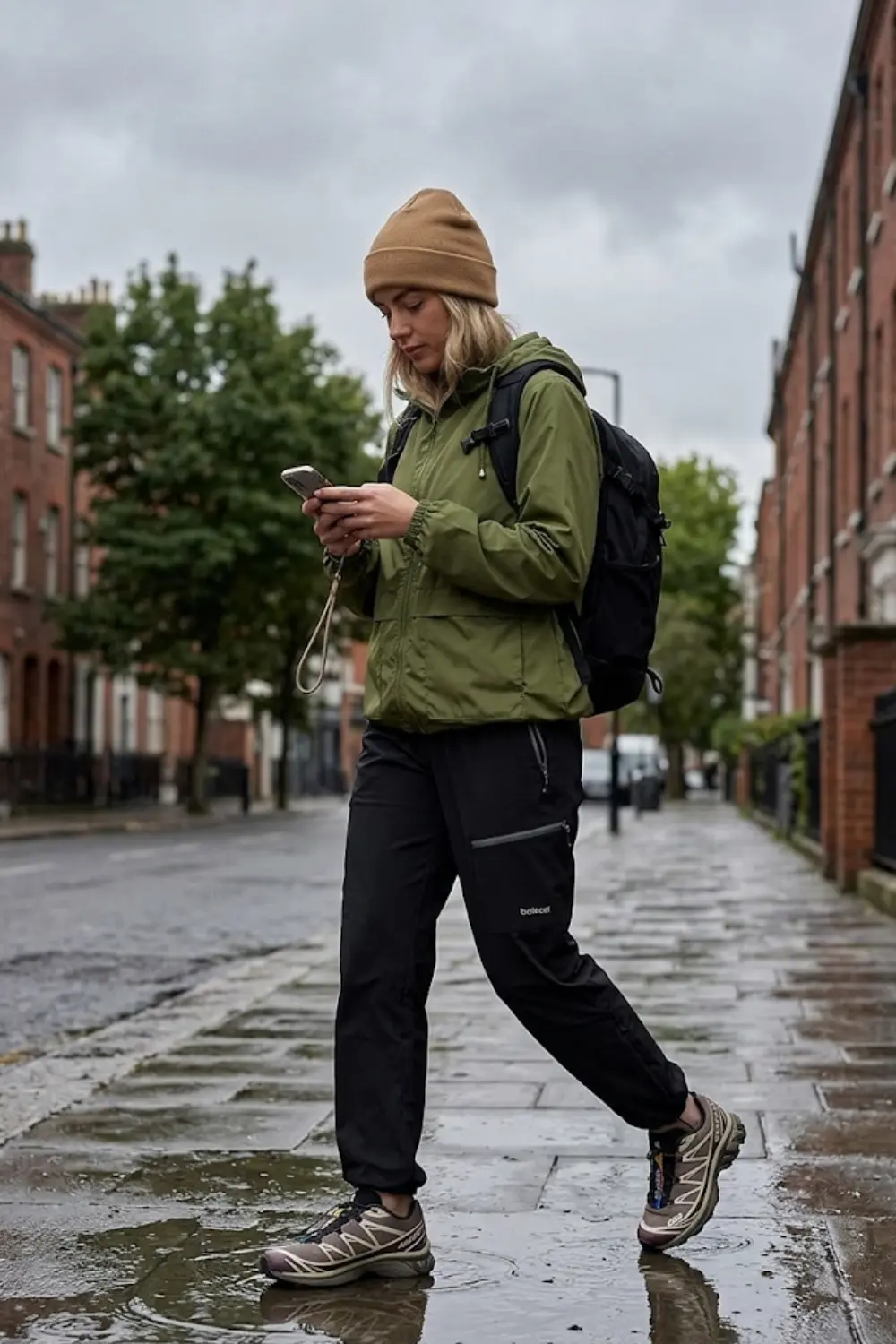 A style-forward woman embodying the 'Gorpcore' movement, wearing a mix of high-performance gear and streetwear.