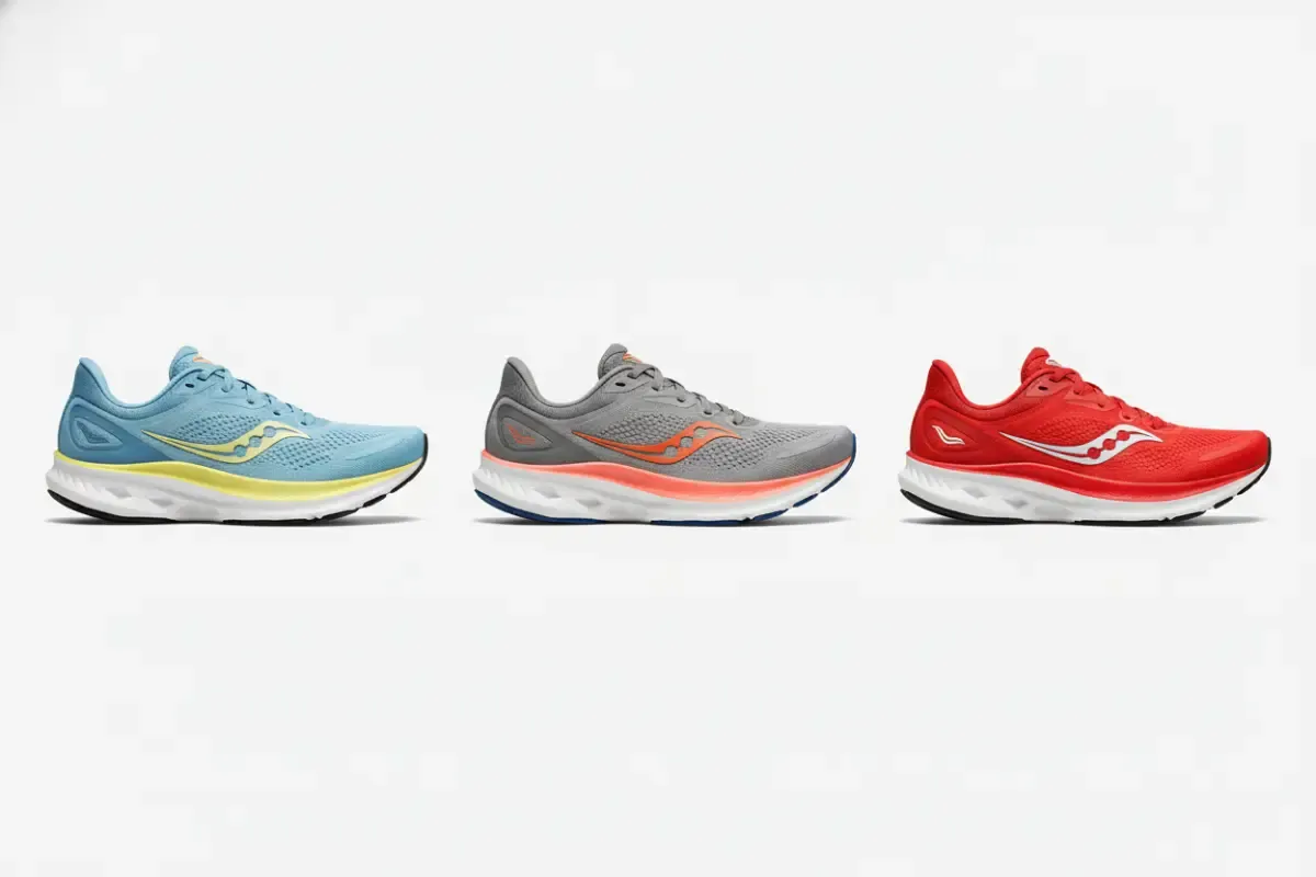 A side-by-side comparison of three Saucony running shoes-the Triumph 22, Ride 18, and Kinvara 16-displaying their different profiles, colors, and cushioning levels against a white background.