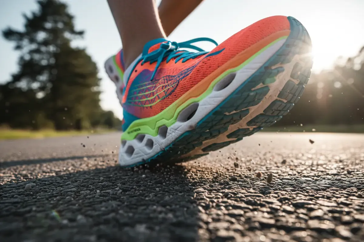 A close-up of a high-performance running shoe in motion, highlighting its advanced sole and cushioning technology.