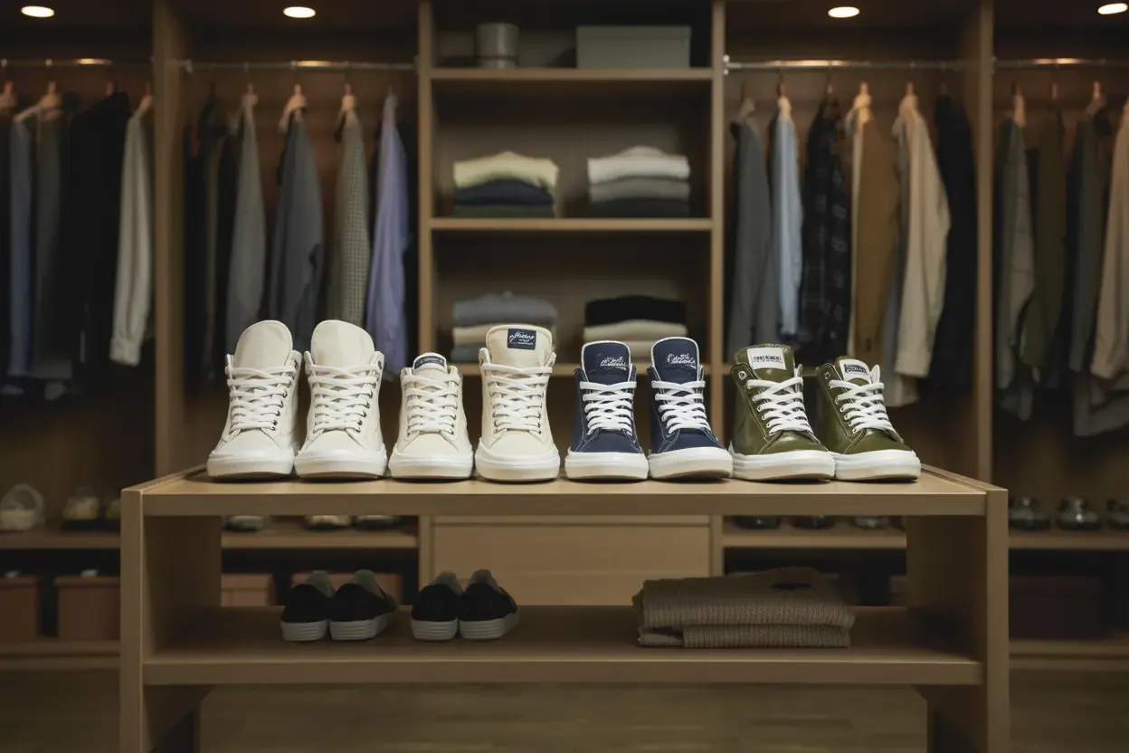 Image of multiple pairs of sneakers neatly stored on a shoe rack, illustrating the concept of shoe rotation for drying and longevity.