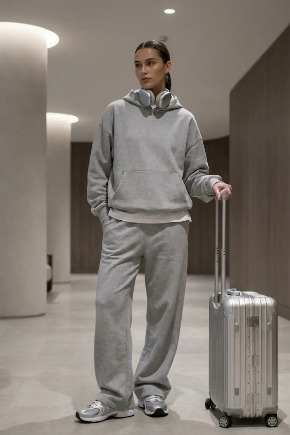 A model showcasing a 'tonal' luxury travel look, using grey and silver to create an expensive aesthetic. With New Balance 530