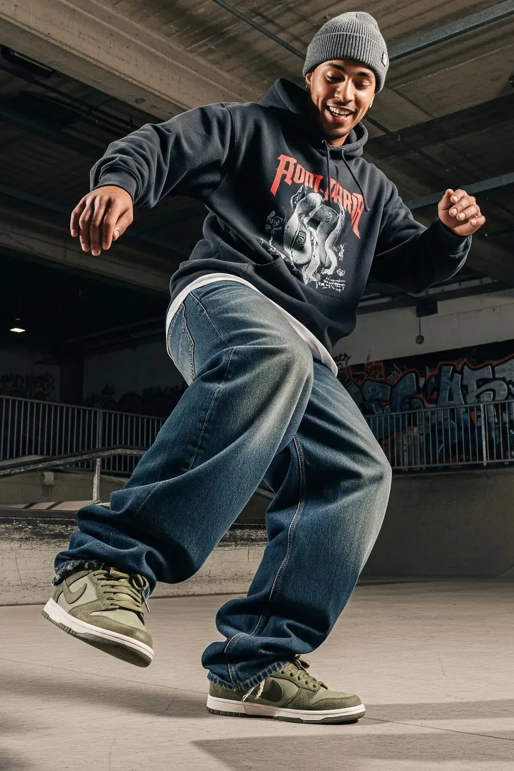 Man in SB Dunk Lows, dark baggy jeans, and a graphic hoodie, capturing a skate-inspired streetwear style.