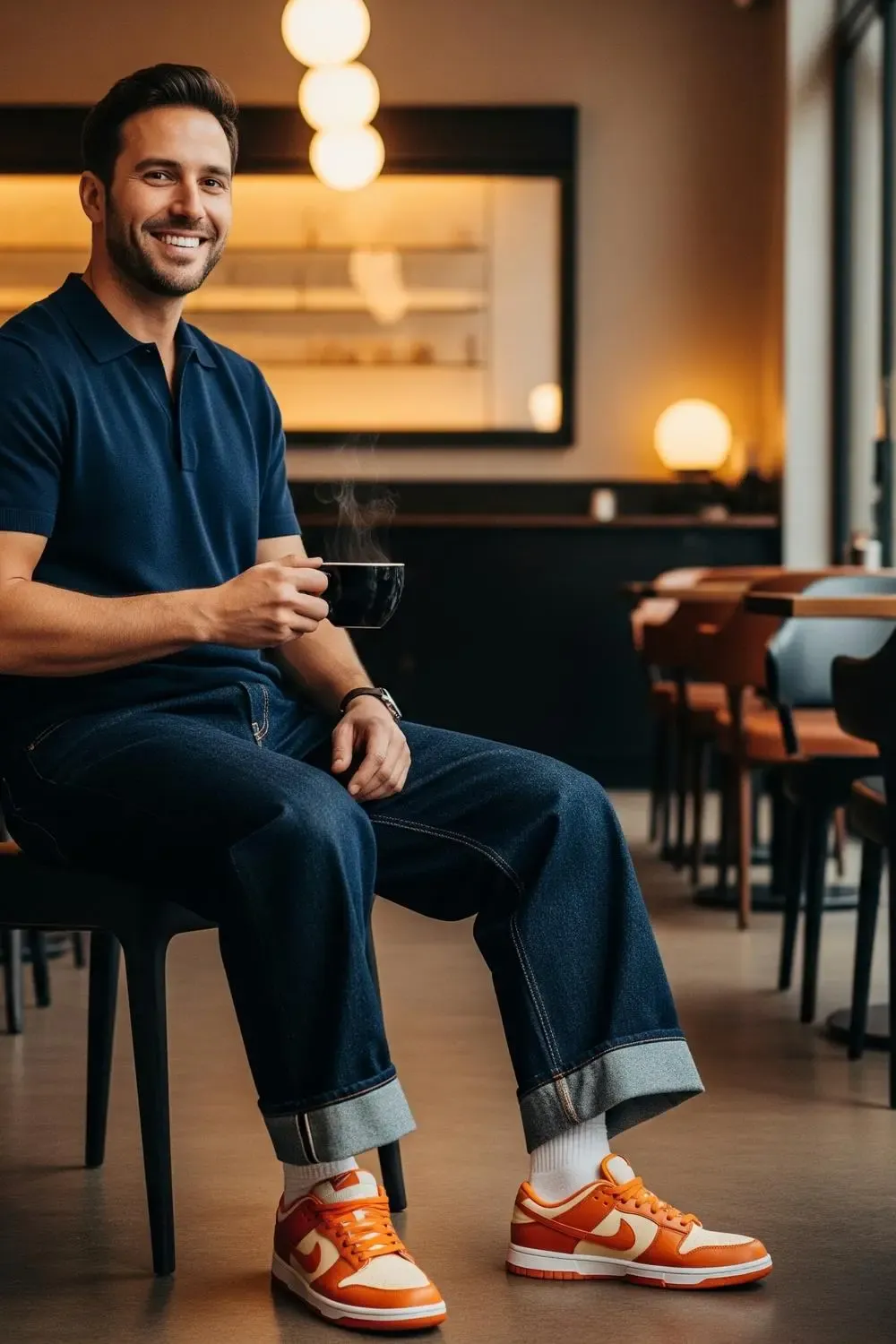Man achieving a smart-casual look with clean Dunk Lows, dark wide-leg cuffed jeans, and a knitted polo or Oxford shirt.