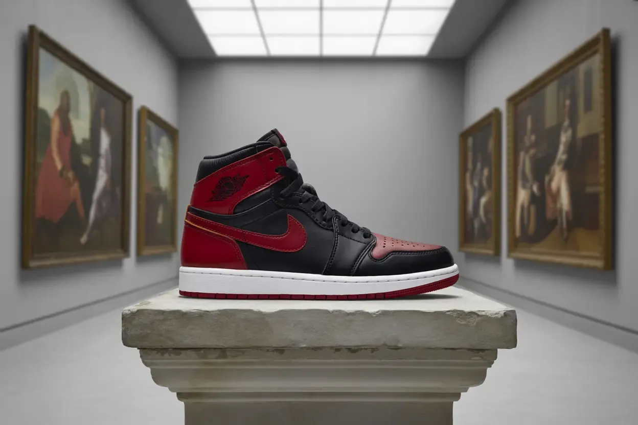 An iconic sneaker displayed formally on a pedestal in a grand art gallery setting like a sculpture.