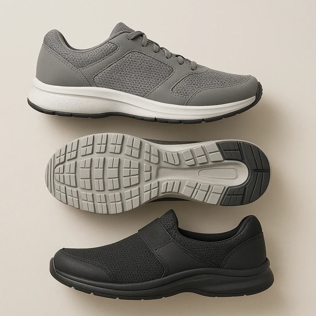 Three athletic shoes displayed - a gray lace-up running shoe on top, its tread pattern sole in the middle, and a black slip-on athletic shoe at the bottom.
