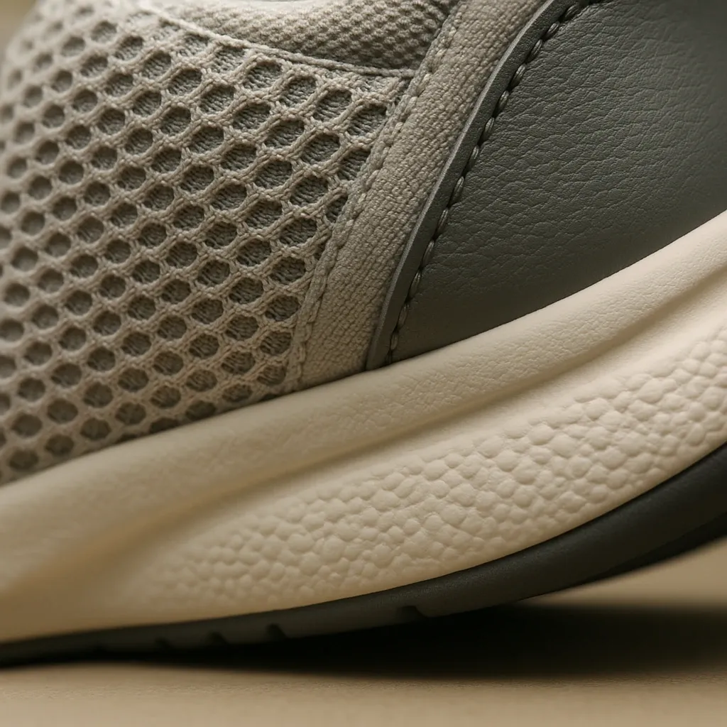Close-up detail of athletic shoe showing mesh upper fabric, leather trim, and cushioned foam midsole.
