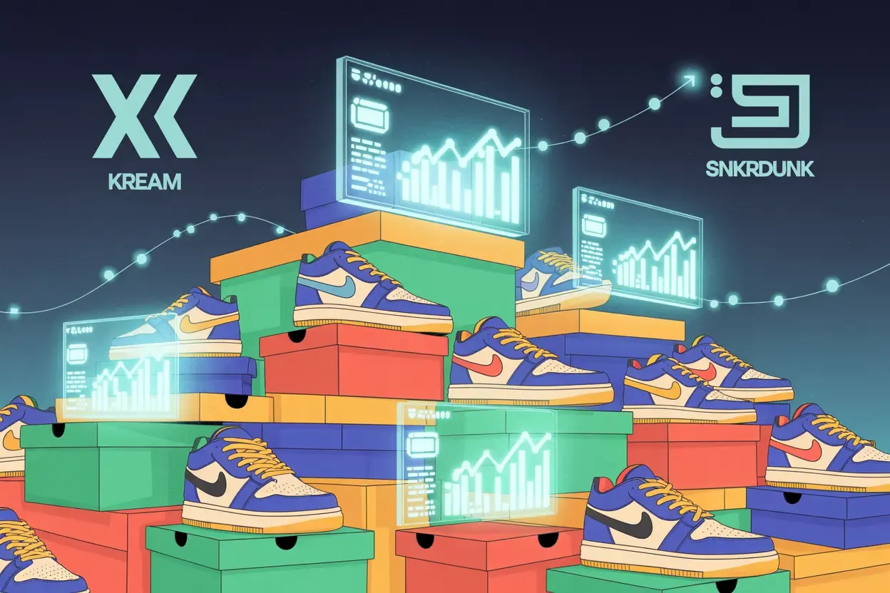 Illustration representing the sneaker resale market in Asia, with digital screens showing data and platform logos over stacks of shoe boxes.