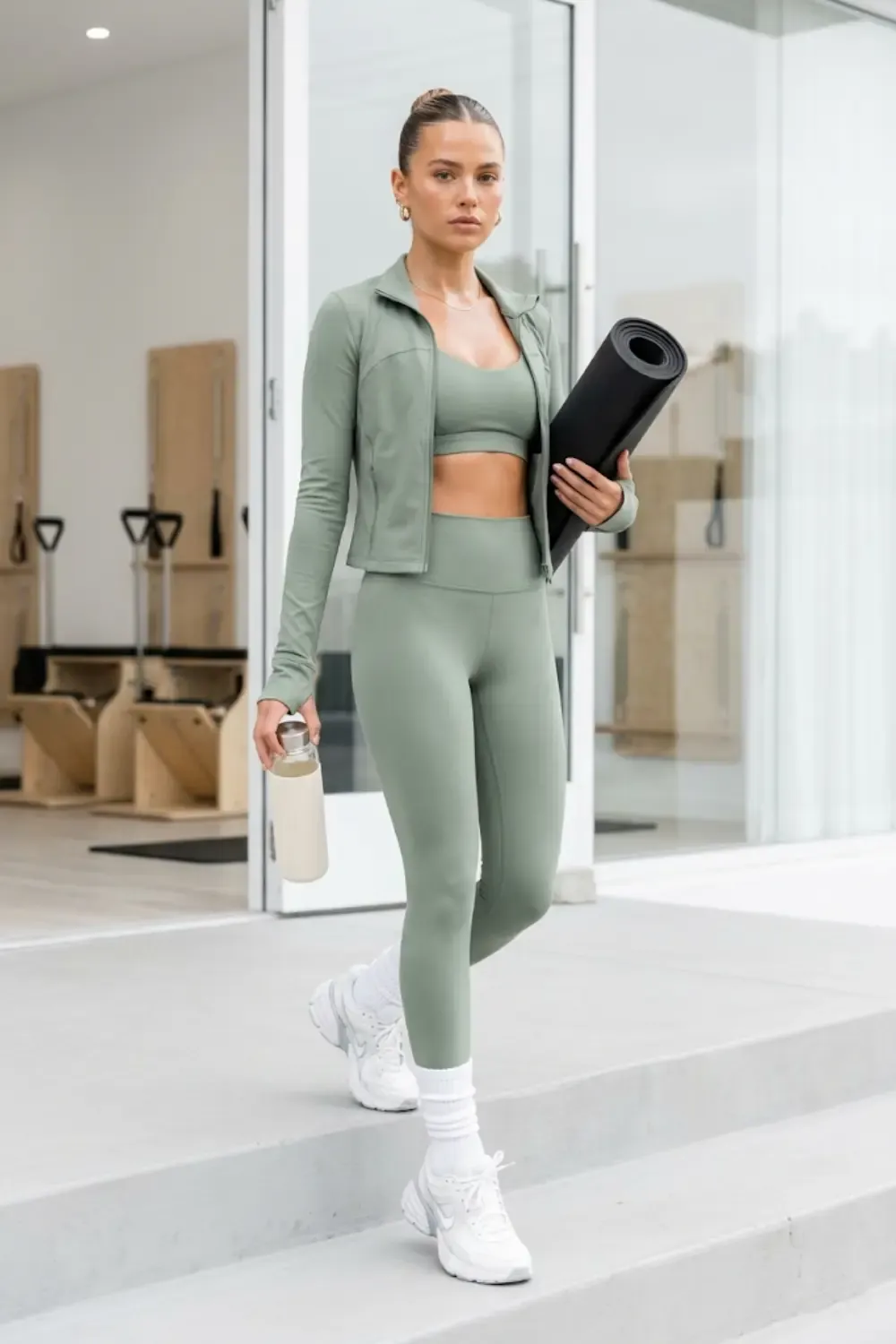 An 'Athletic Chic' woman portraying a fresh, post-workout glow.