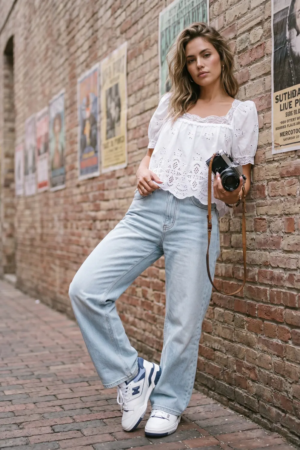 A confident woman blending innocent vintage romance with relaxed streetwear with New Balance 550.