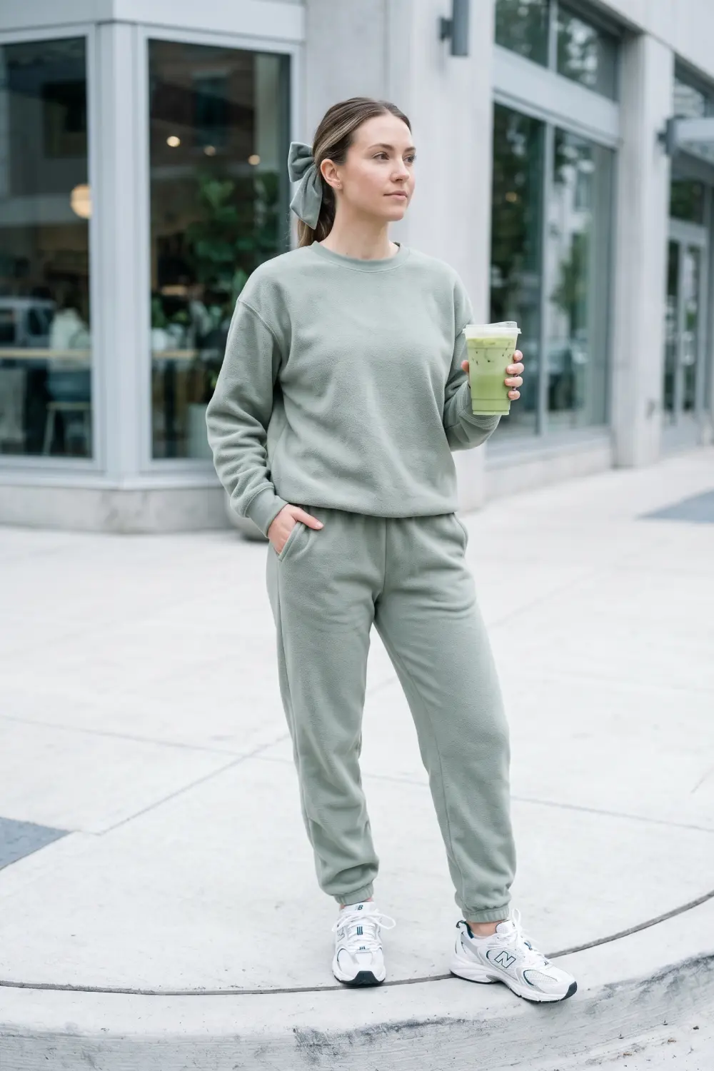 Sage green monochrome fleece lounge set worn with cushioned New Balance 530 runners.