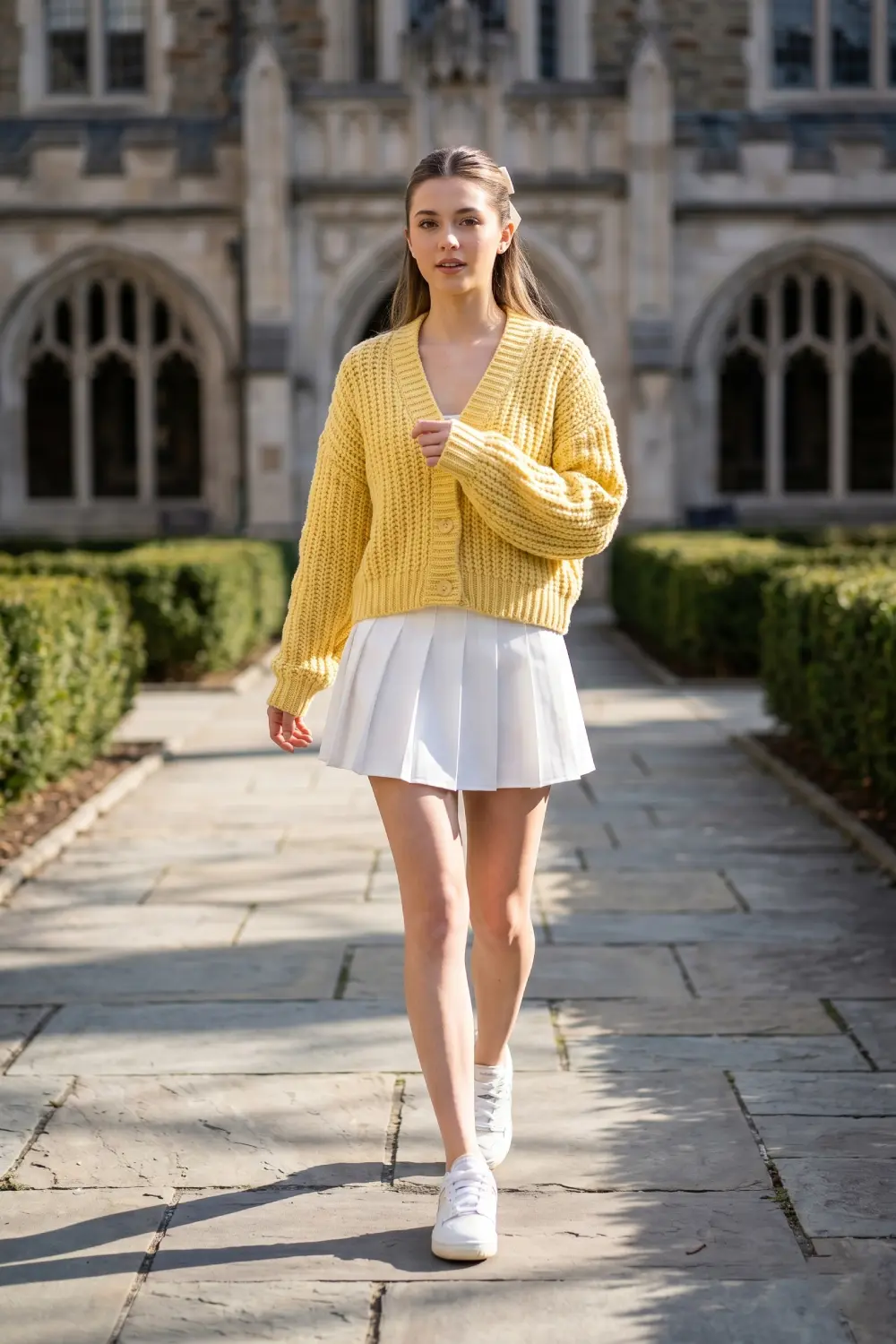 Preppy pleated mini skirt and chunky cardigan balanced with low-profile New Balance 550.