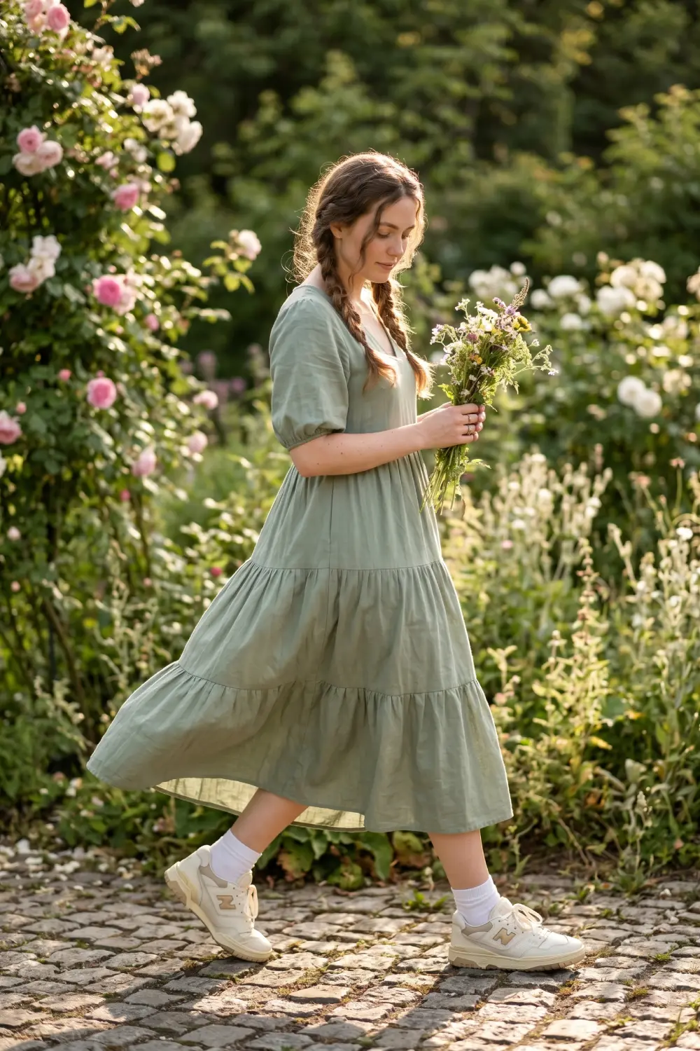 Romantic floral midi dress styled with retro New Balance 550 chunky sneakers.