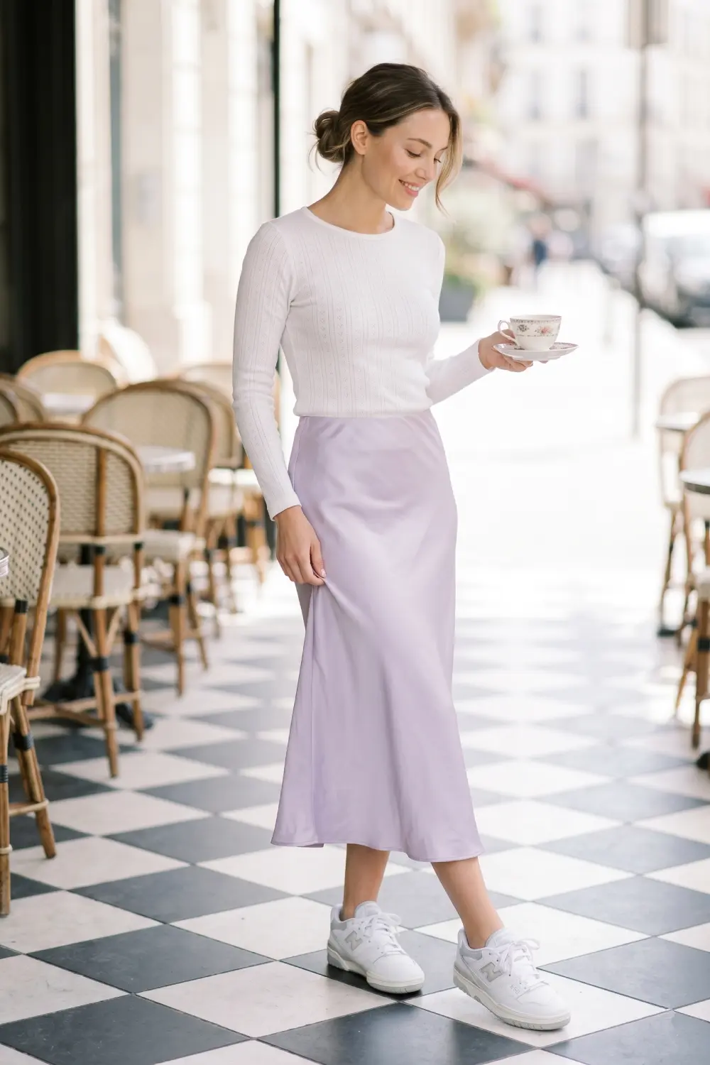 Pale lavender silk slip skirt and pointelle top polished with New Balance 550 sneakers.